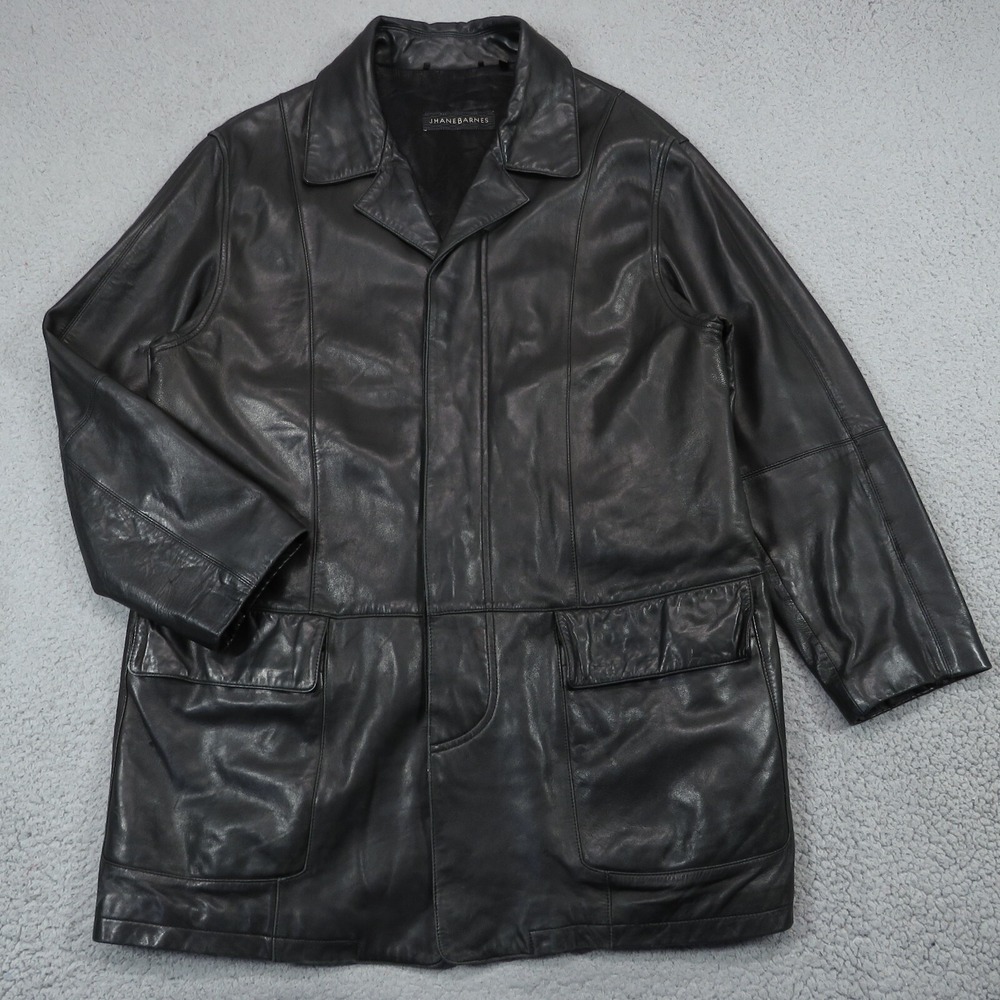 Jhane Barnes Mens 42 Black Lambskin Leather Overcoat 4 Button Jacket Lined